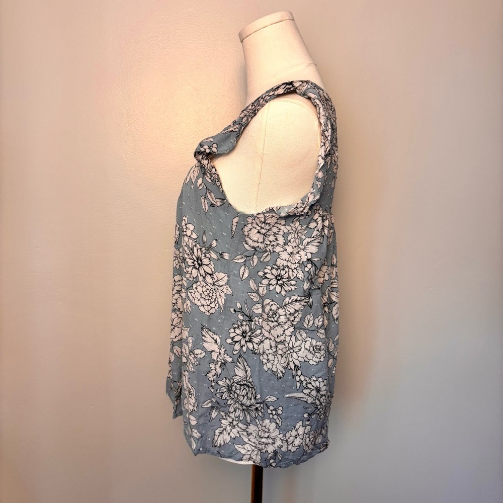 Pleione Floral Blue Cap Ruffle Sleeve Women's Top - Picture 4 of 14